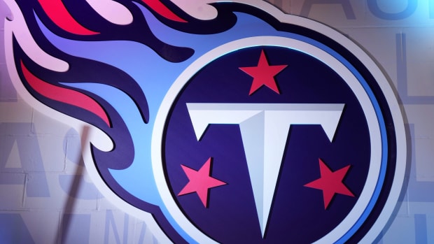 A detailed view of aTennessee Titans logo during a AFC Divisional playoff football game at Nissan Stadium.